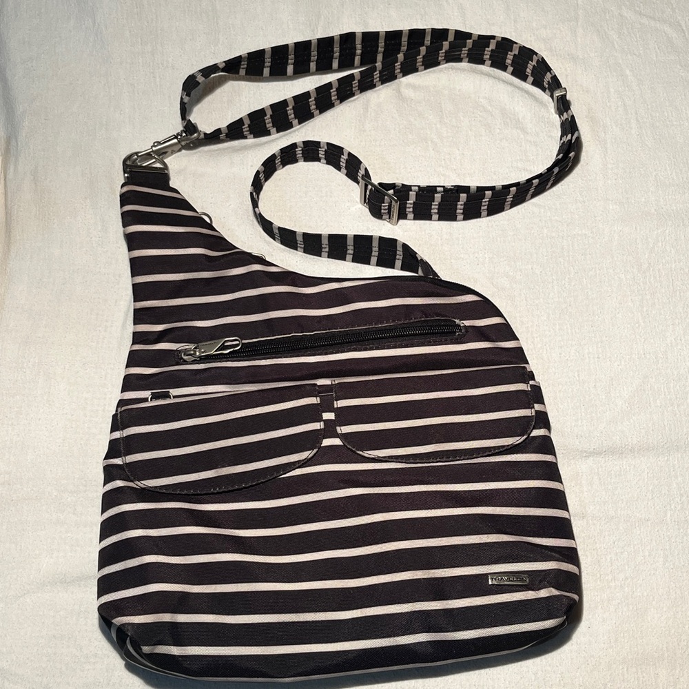 Travelon Large Black and White Striped Anti-Theft Cross-Body Bag